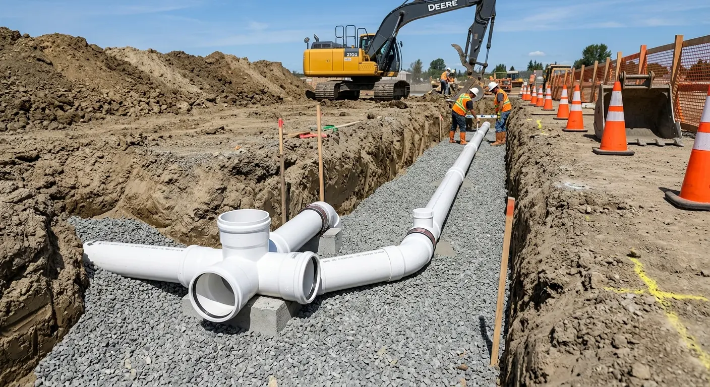 New PVC sewer pipe installation in open trench for Sewer Backup in Waikoloa Village