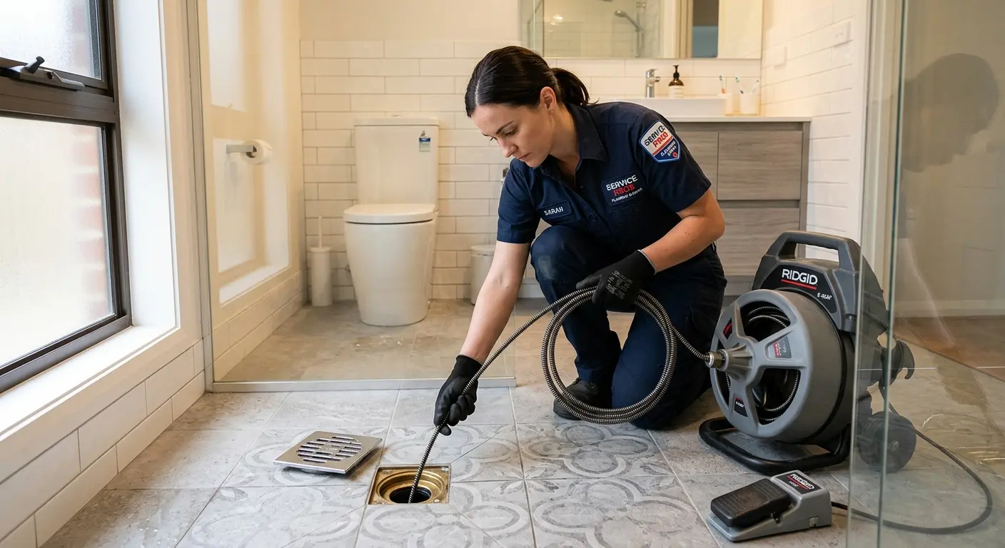 Technician clearing a bathroom floor drain for Drain Cleaning in Waikoloa Village